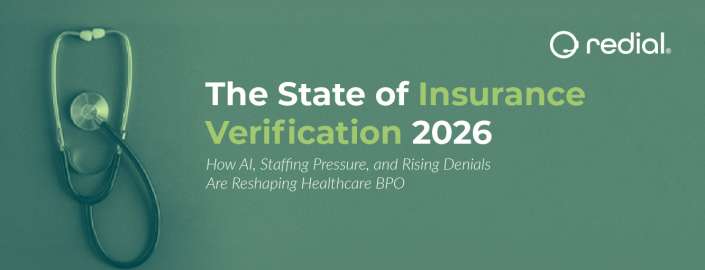Campaign_Assets_Insurance Verifications_Blog 1200 x 460 Banner for a report: The State of Insurance Verification 2026; subtitle notes AI, staffing pressure, and denials; stethoscope on the left with Redial logo.